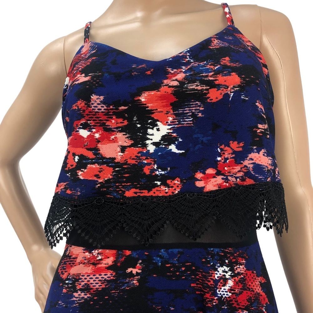 Material Girl Abstract Floral Printed A-Line Mini Dress Cami Lace Cut Out Dress - Picture 2 of 8